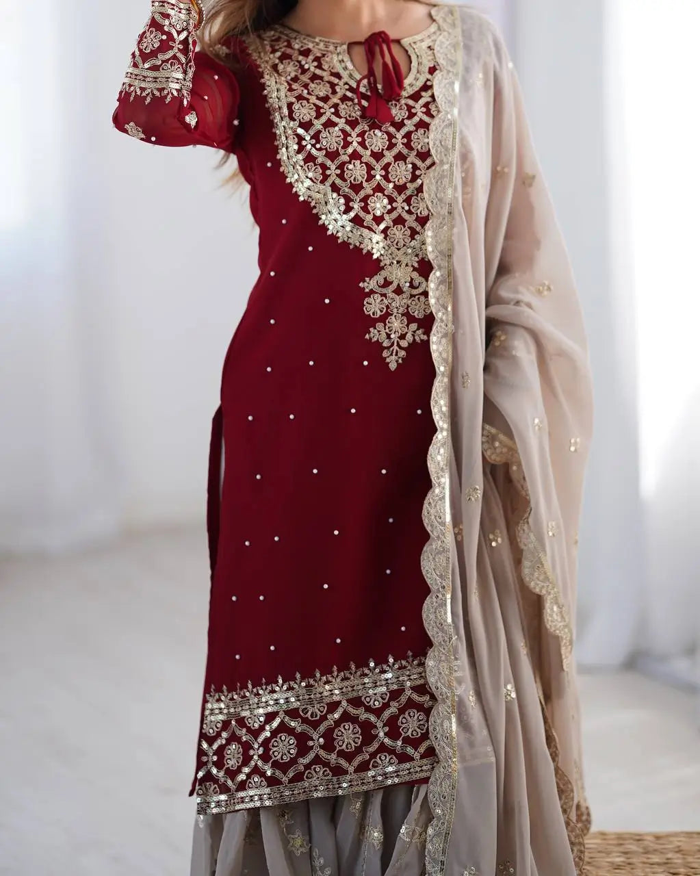 Designer Faux Georgette Embroidered Sharara Suit Set