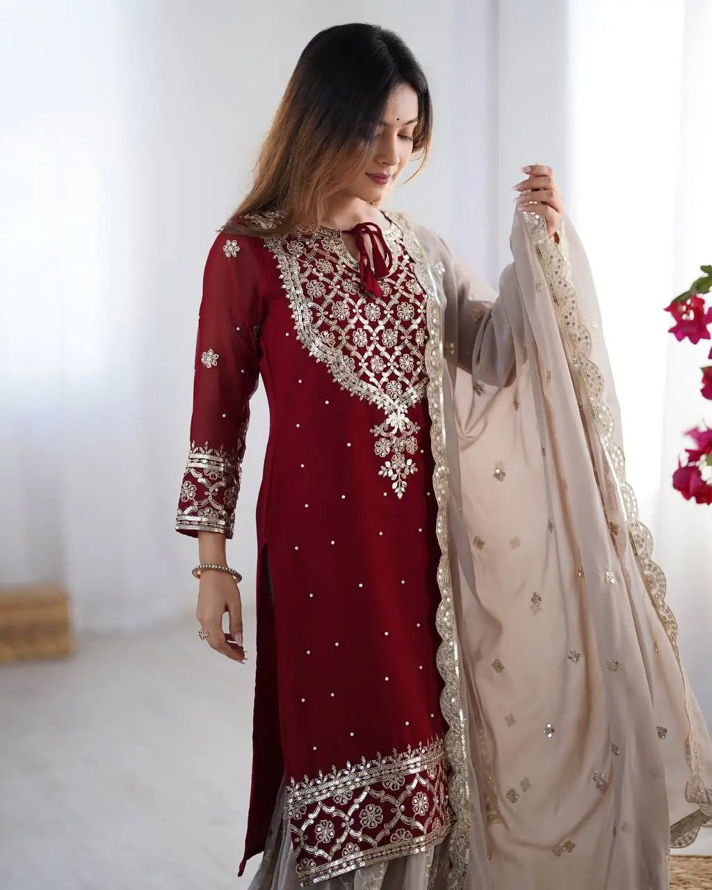 Designer Faux Georgette Embroidered Sharara Suit Set