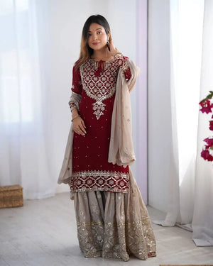 Designer Faux Georgette Embroidered Sharara Suit Set