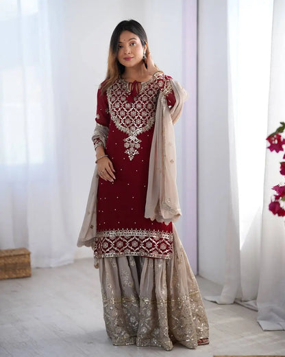 Designer Faux Georgette Embroidered Sharara Suit Set