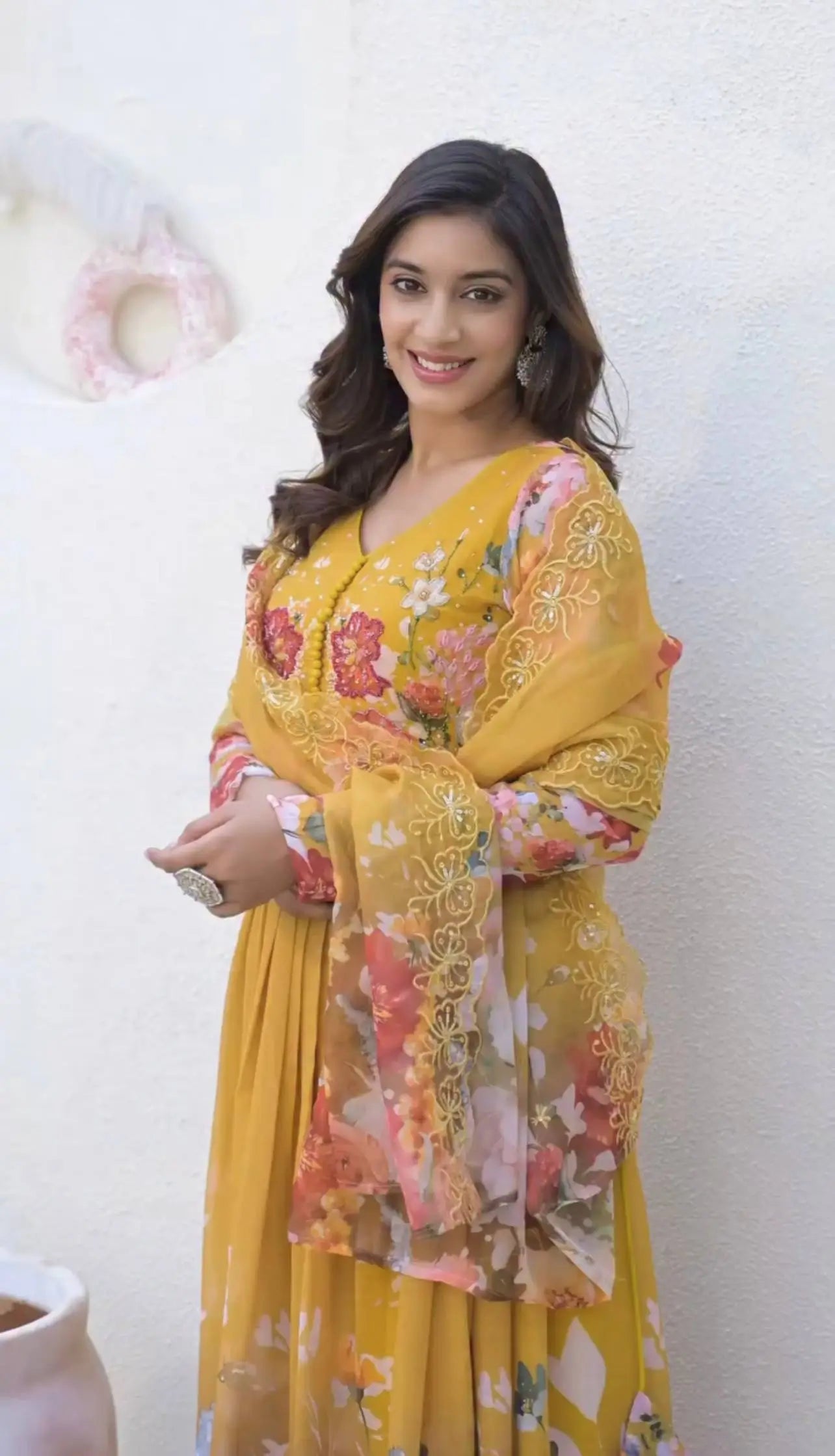 Designer Faux Georgette Floral Embroidered Gown Set