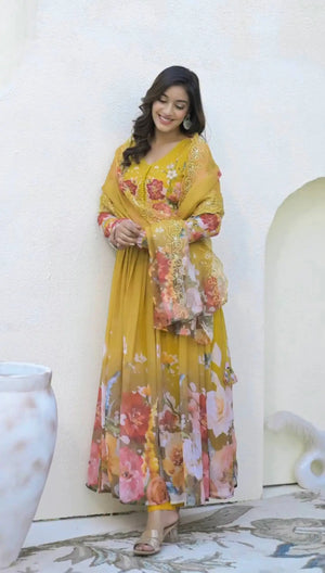 Designer Faux Georgette Floral Embroidered Gown Set