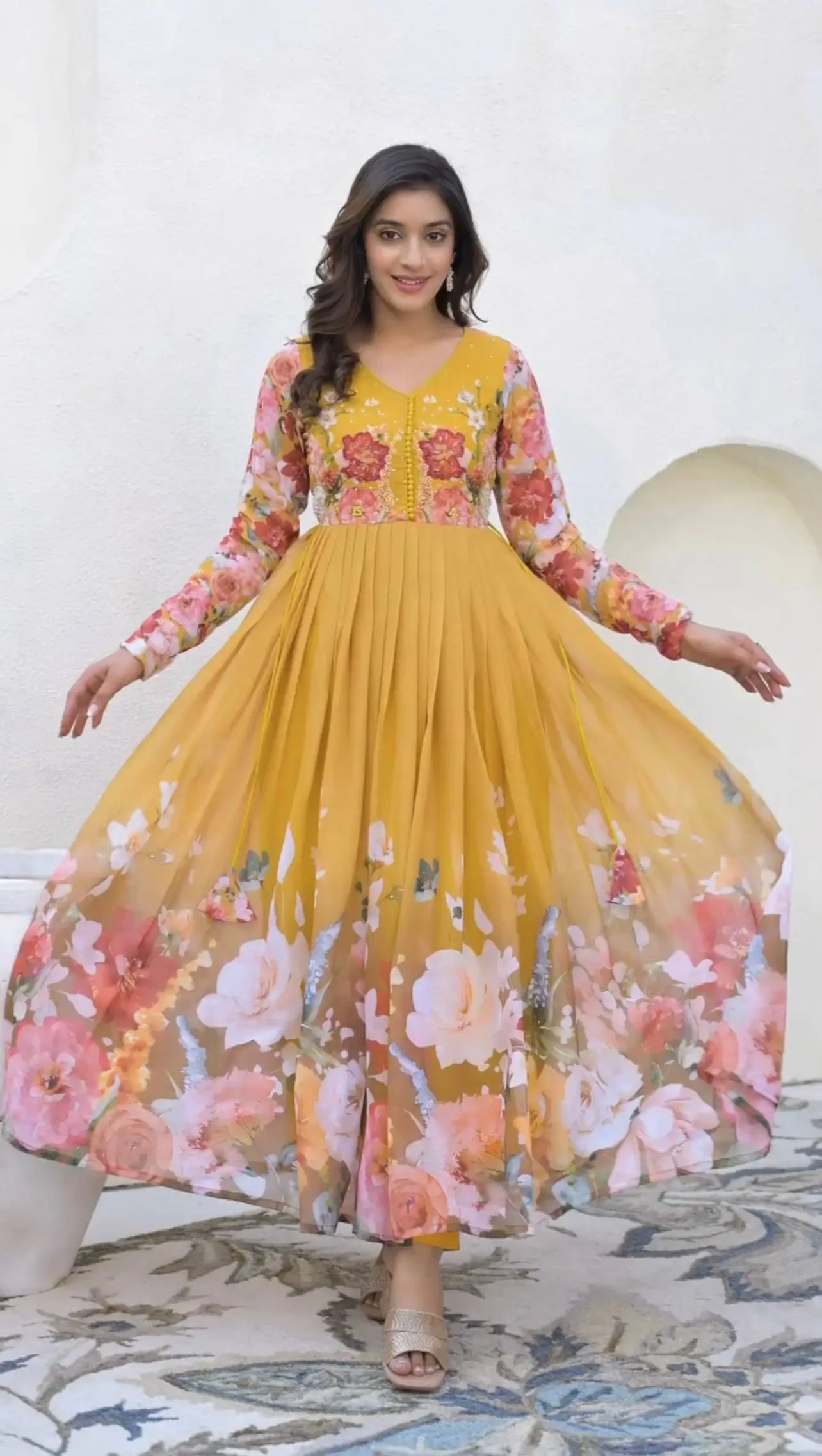 Designer Faux Georgette Floral Embroidered Gown Set