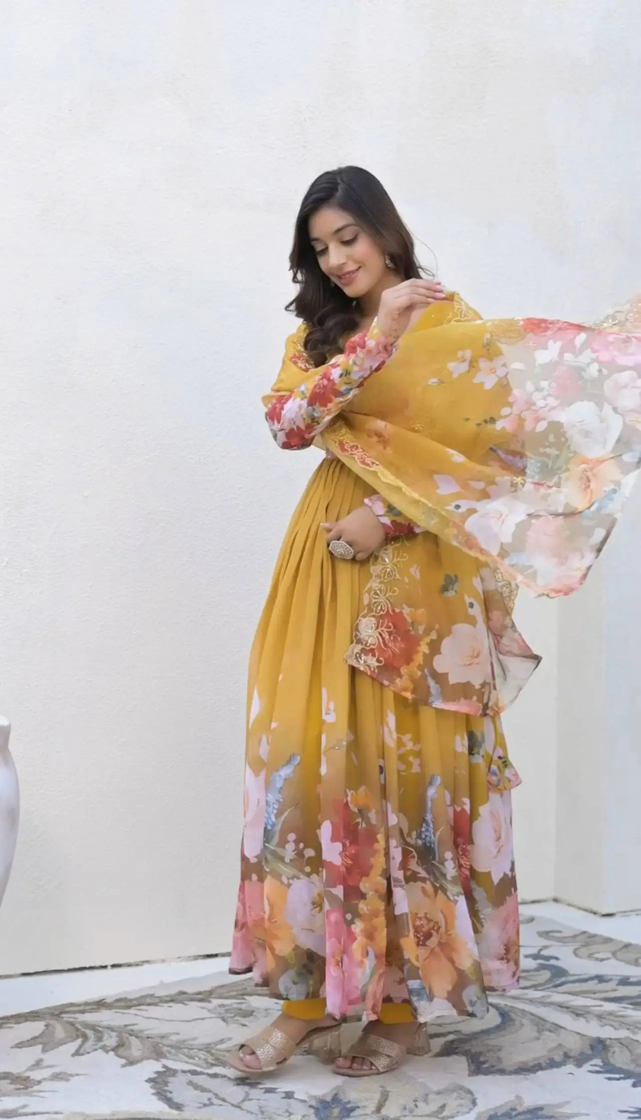 Designer Faux Georgette Floral Embroidered Gown Set