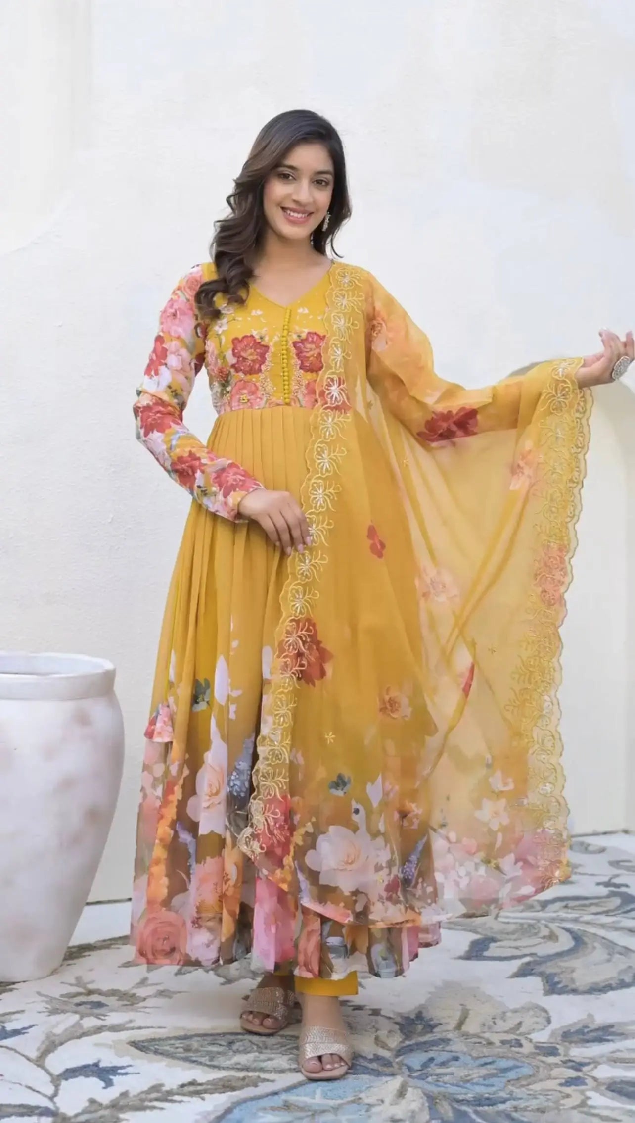 Designer Faux Georgette Floral Embroidered Gown Set