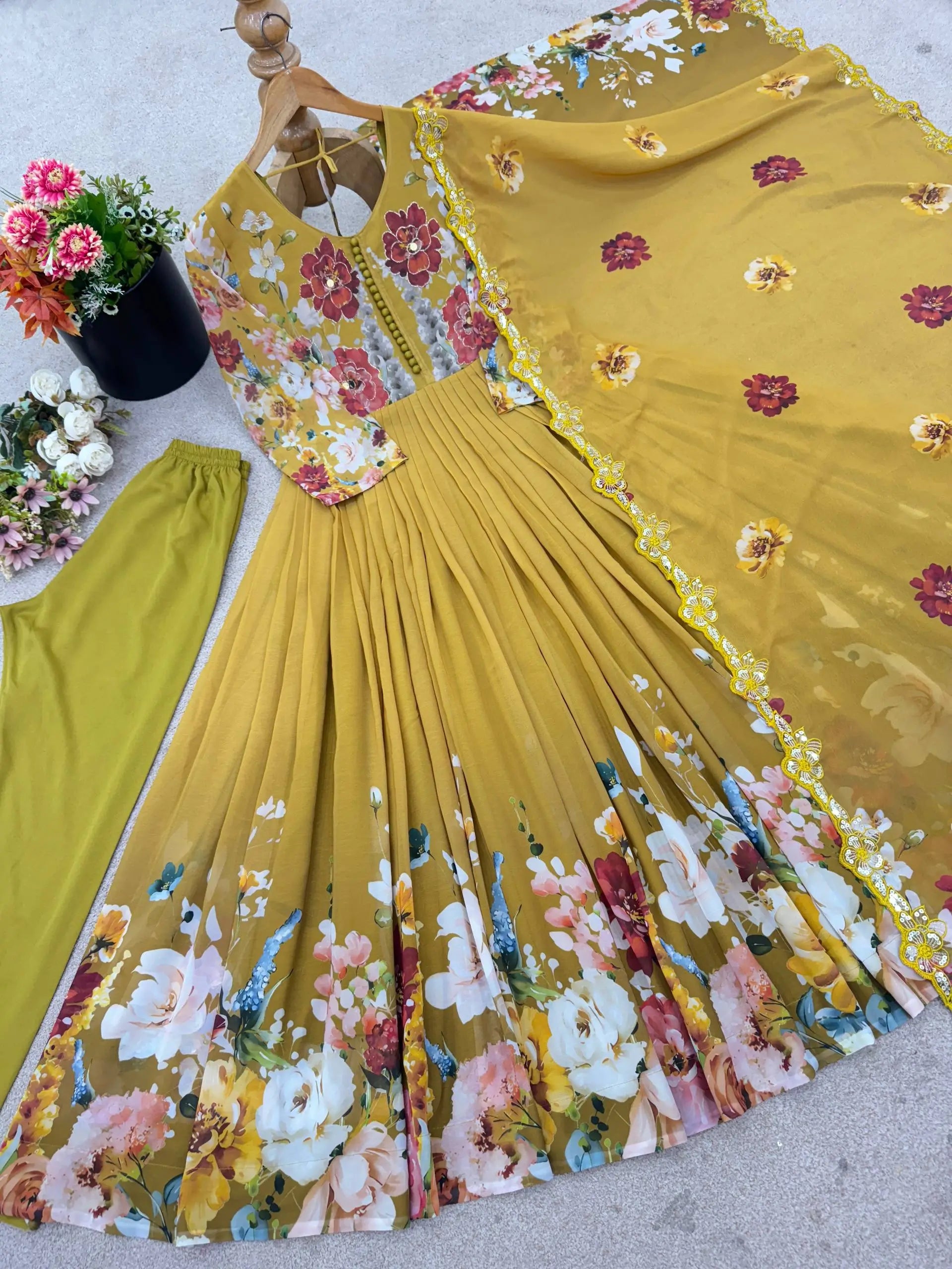 Designer Faux Georgette Floral Embroidered Gown Set