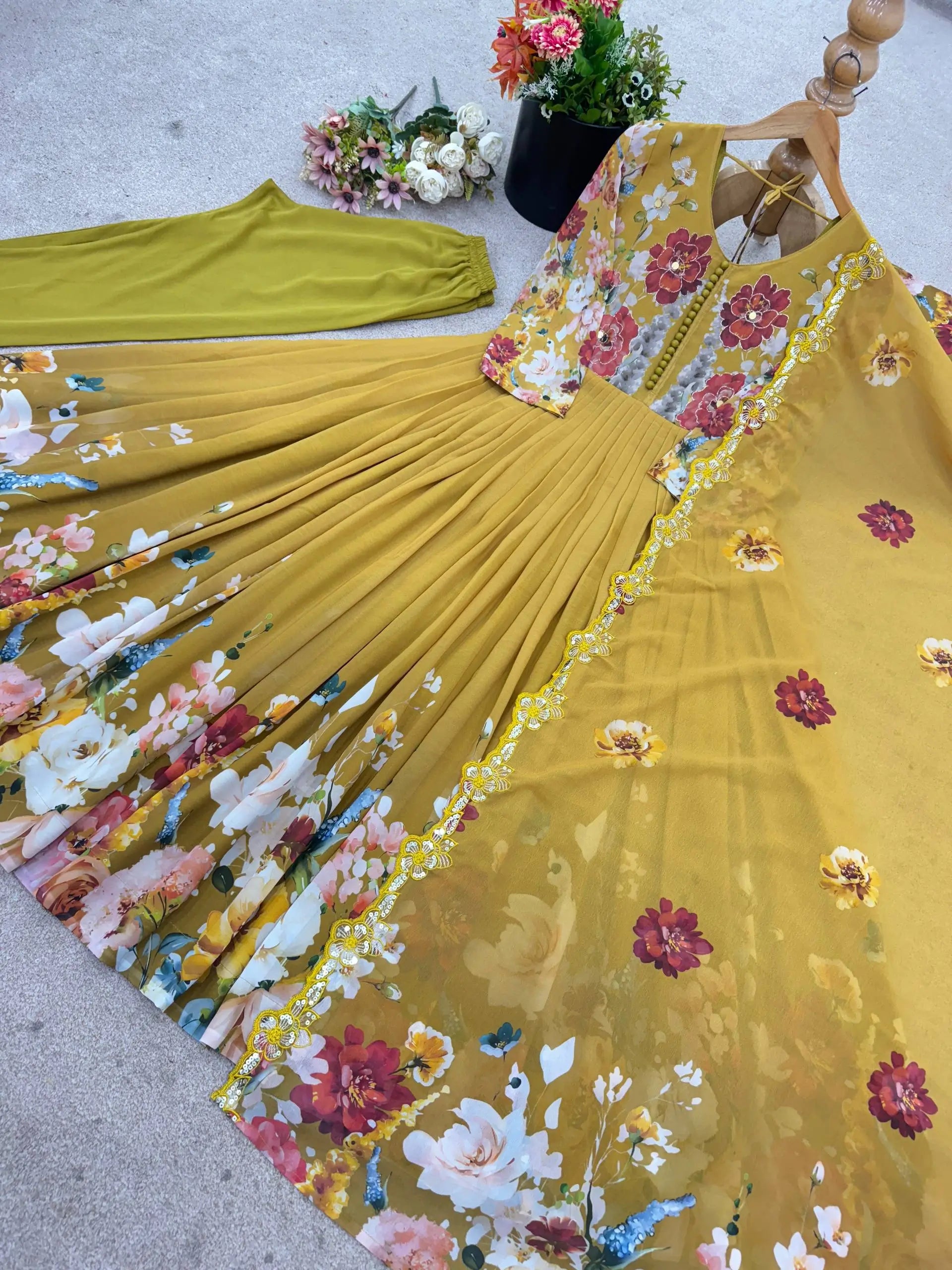 Designer Faux Georgette Floral Embroidered Gown Set