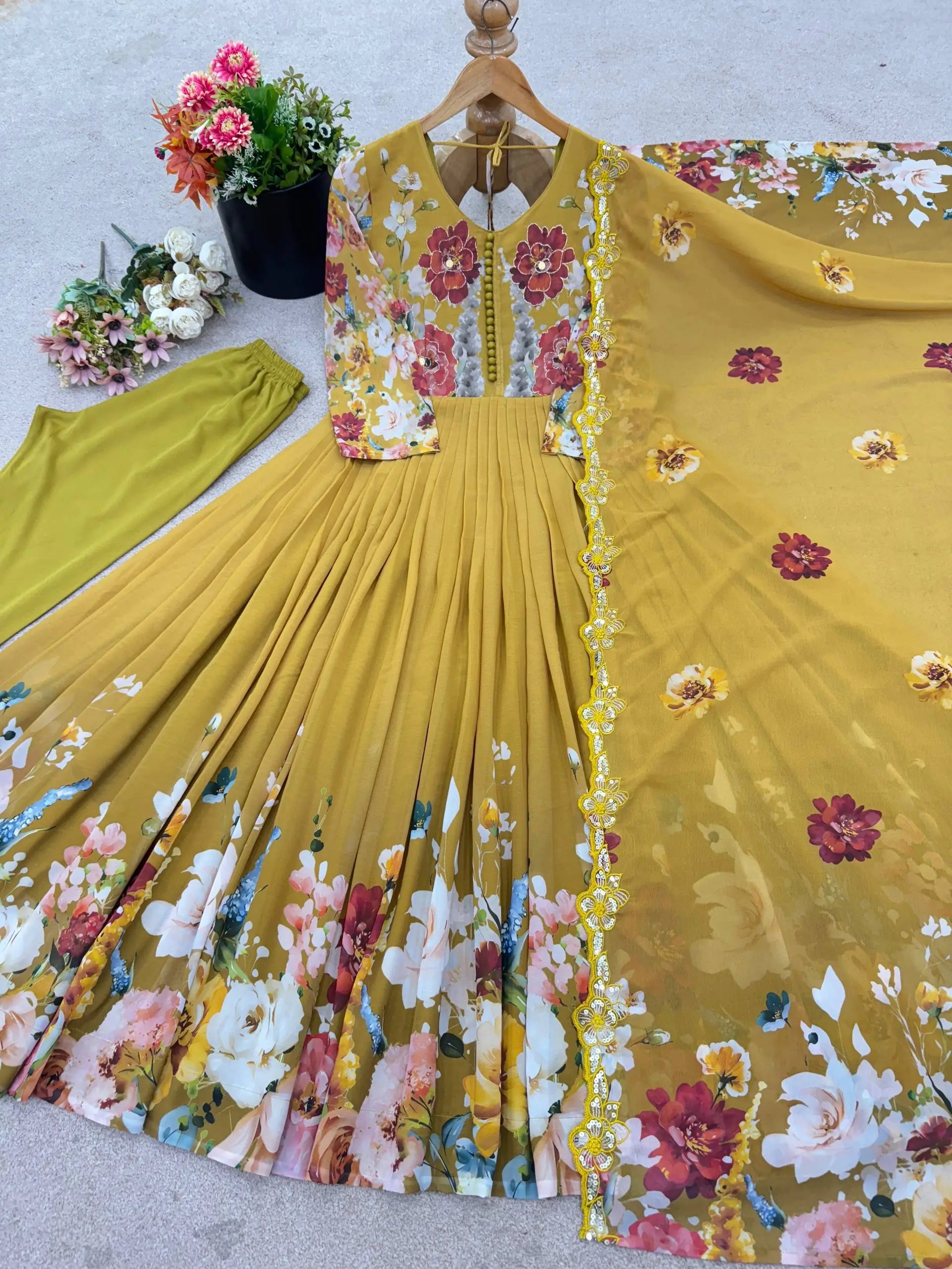 Designer Faux Georgette Floral Embroidered Gown Set
