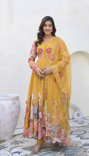 Designer Faux Georgette Floral Embroidered Gown Set