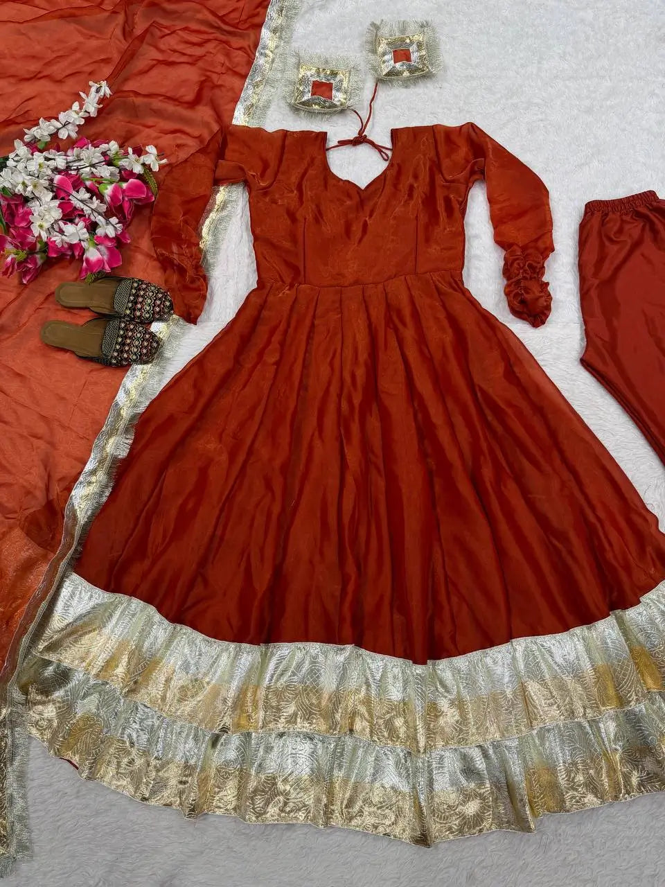 Designer Fendy Silk Anarkali Suit Set