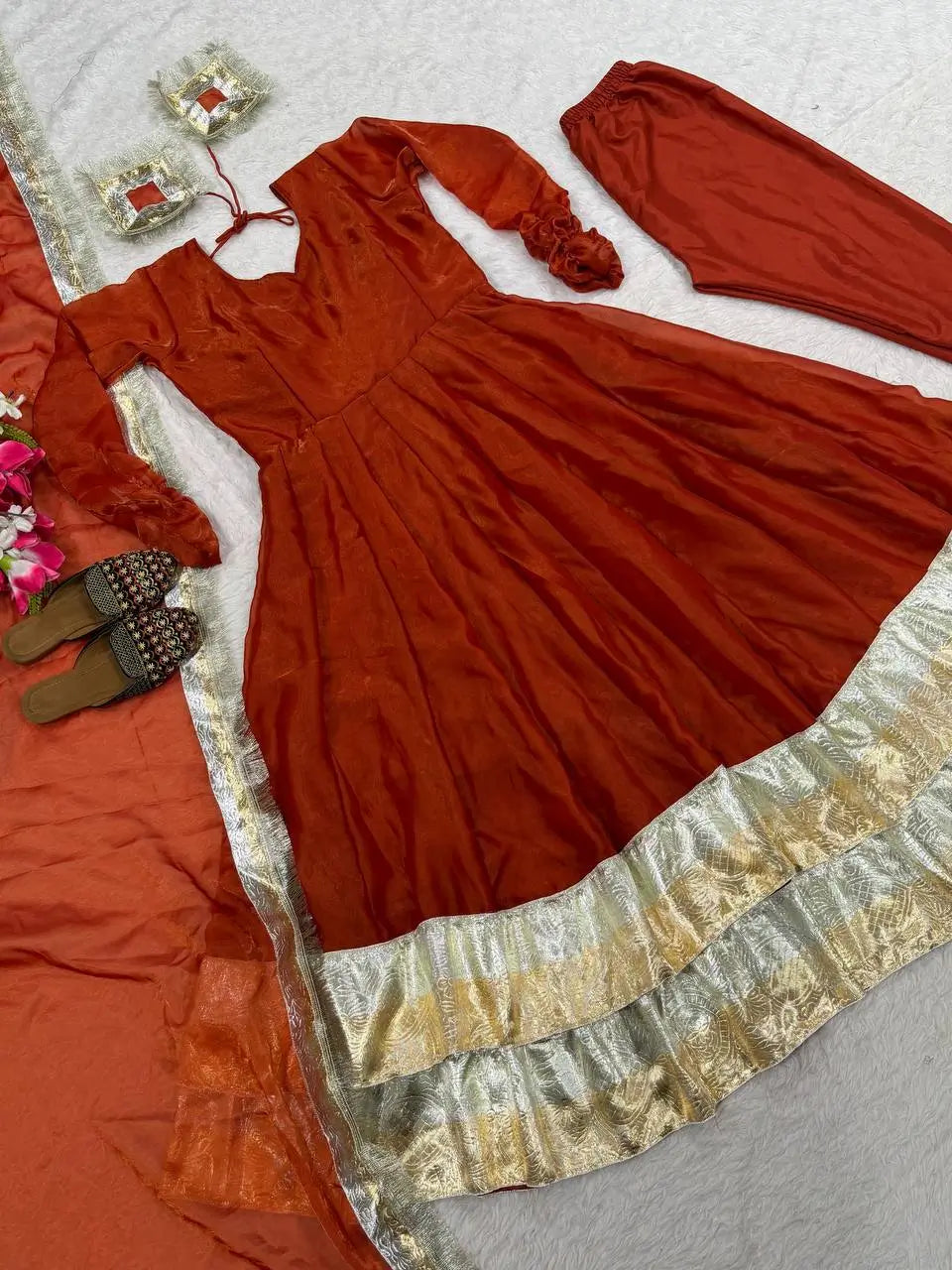 Designer Fendy Silk Anarkali Suit Set