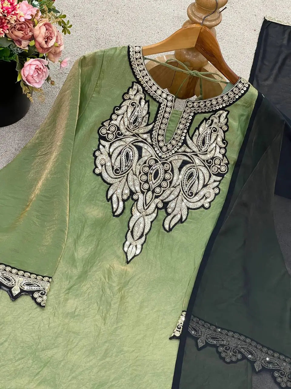 Designer Fendy Silk Embroidered Sharara Suit Set with Dupatta