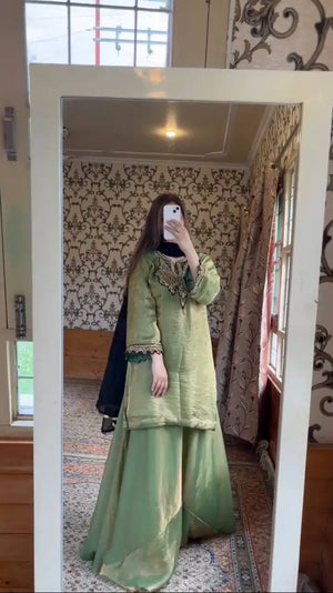 Designer Fendy Silk Embroidered Sharara Suit Set with Dupatta