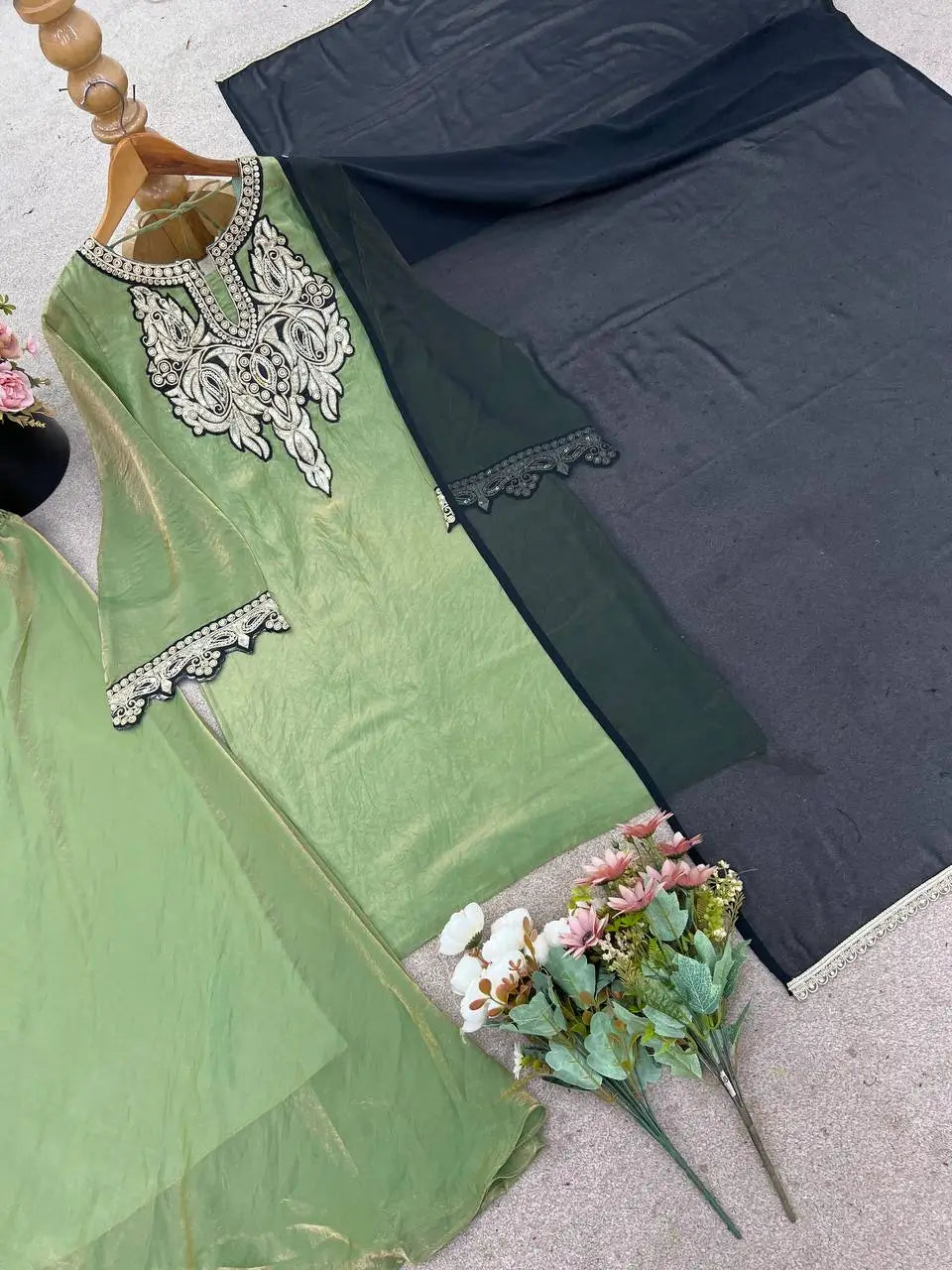 Designer Fendy Silk Embroidered Sharara Suit Set with Dupatta