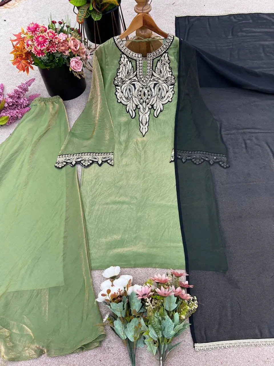 Designer Fendy Silk Embroidered Sharara Suit Set with Dupatta