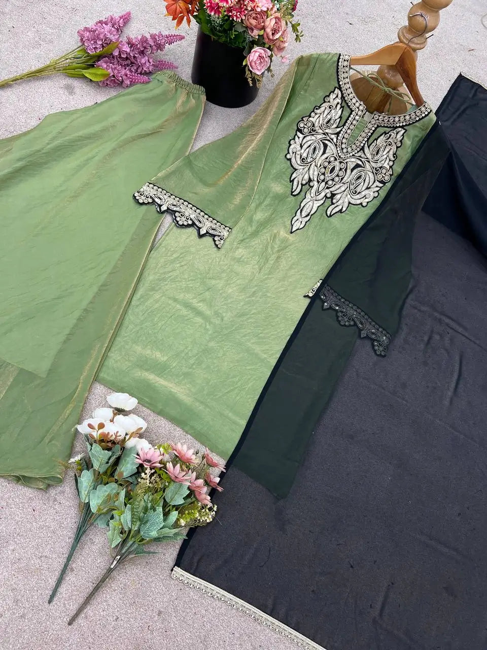 Designer Fendy Silk Embroidered Sharara Suit Set with Dupatta