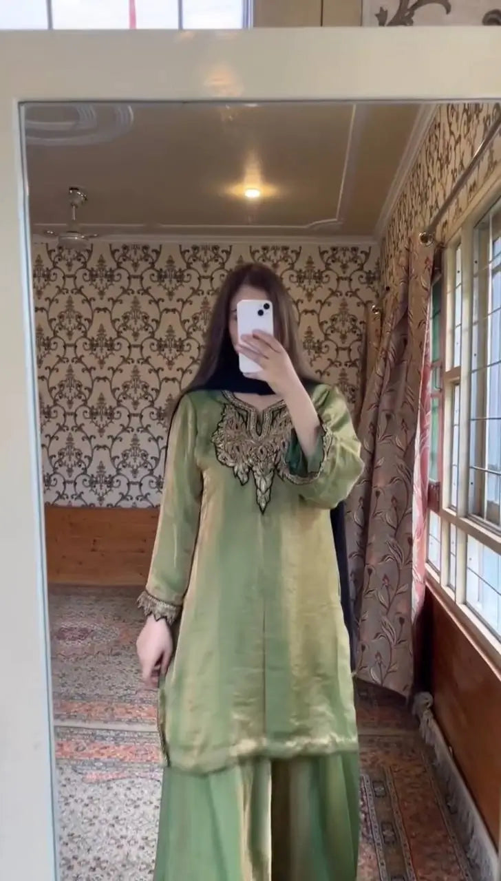 Designer Fendy Silk Embroidered Sharara Suit Set with Dupatta