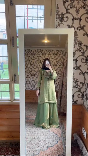 Designer Fendy Silk Embroidered Sharara Suit Set with Dupatta