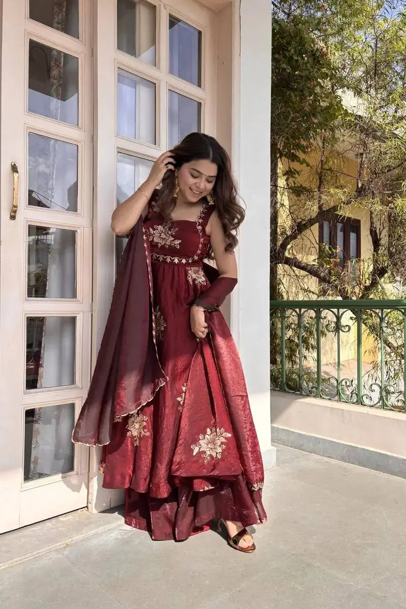 Designer Fendy Silk Gown Palazzo Set for Festive and Party Wear