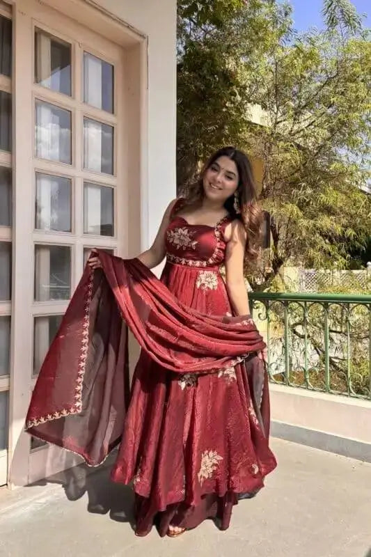 Designer Fendy Silk Gown Palazzo Set for Festive and Party Wear
