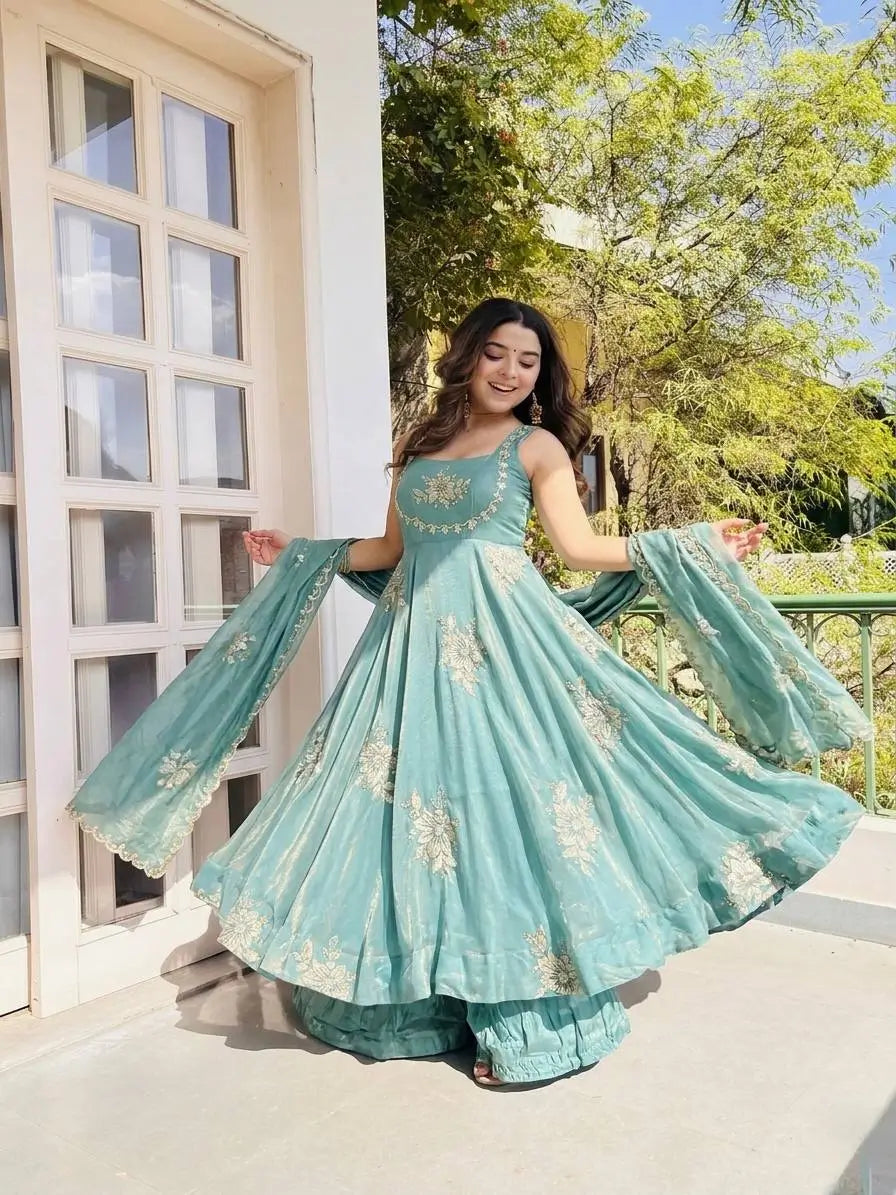 Designer Fendy Silk Gown Sharara Set for Festive and Wedding Wear