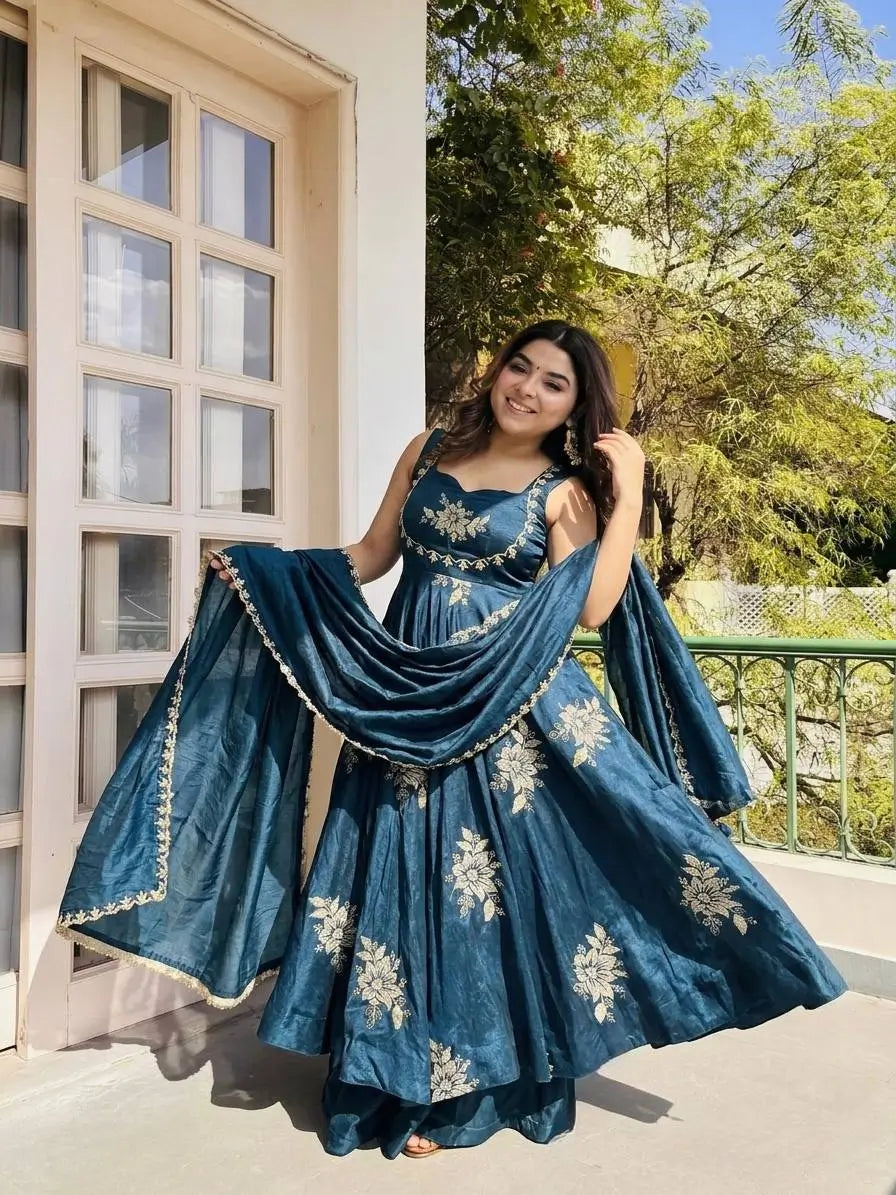 Designer Fendy Silk Gown Sharara Set for Festive and Wedding Wear