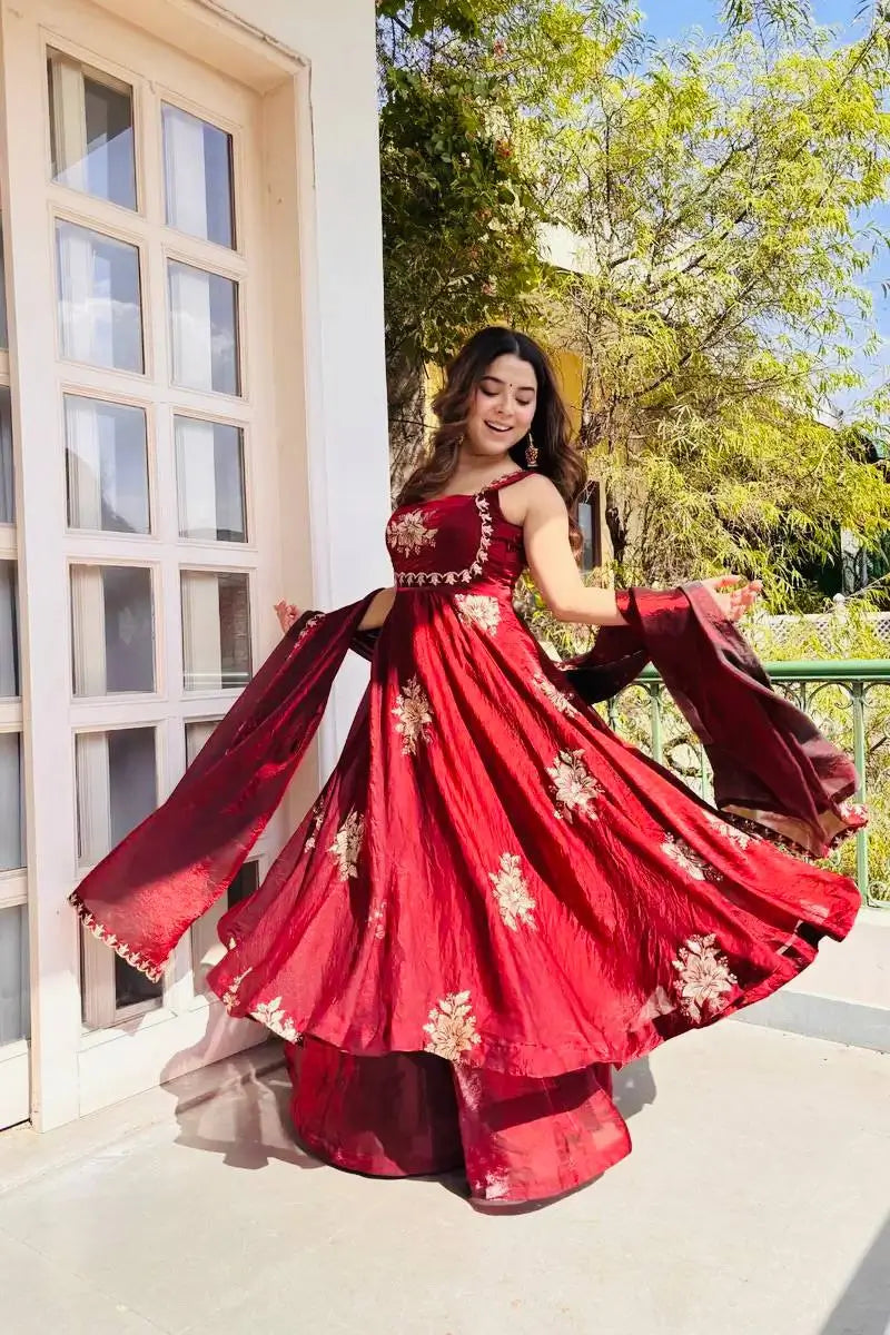 Designer Fendy Silk Gown Sharara Set for Festive and Wedding Wear
