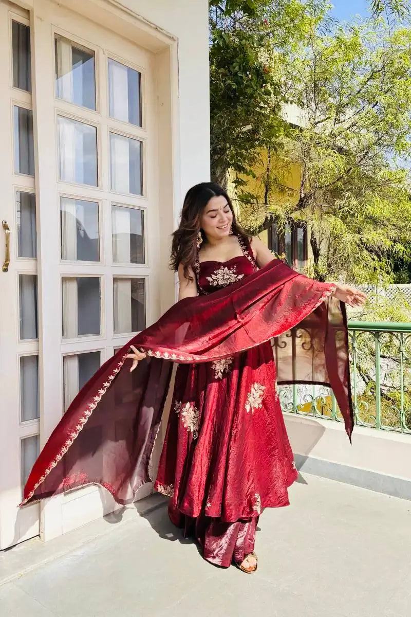 Designer Fendy Silk Gown Sharara Set for Festive and Wedding Wear