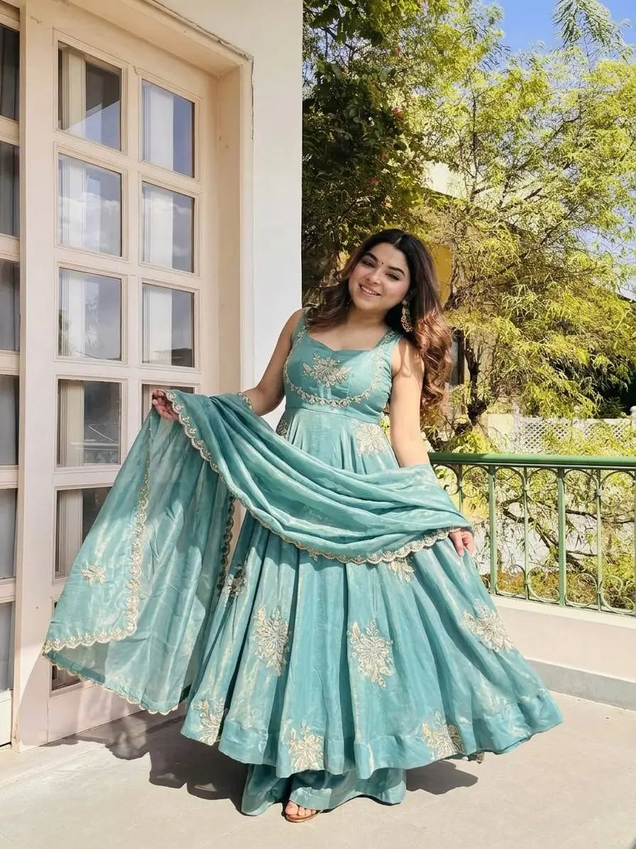 Designer Fendy Silk Gown Sharara Set for Festive and Wedding Wear