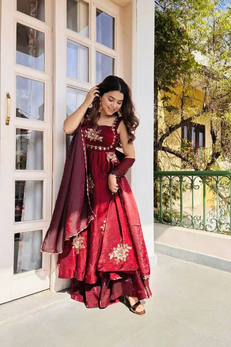 Designer Fendy Silk Gown Sharara Set for Festive and Wedding Wear