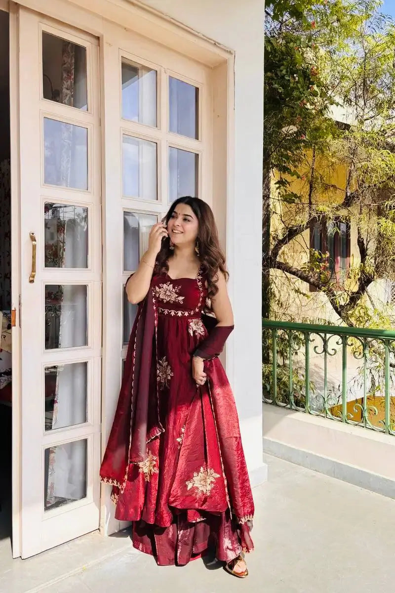 Designer Fendy Silk Gown Sharara Set for Festive and Wedding Wear