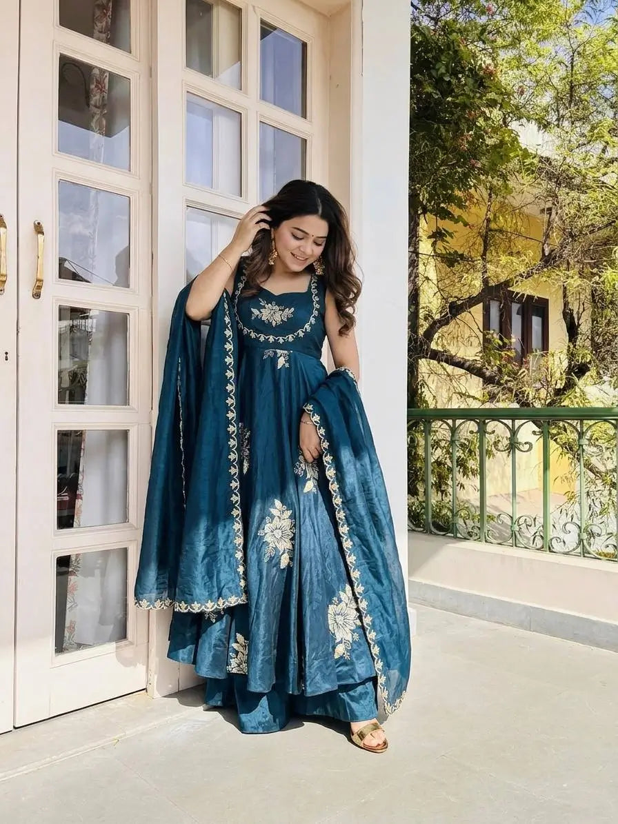 Designer Fendy Silk Gown Sharara Set for Festive and Wedding Wear
