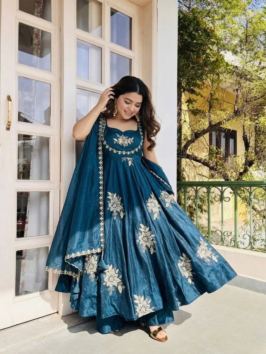 Designer Fendy Silk Gown Sharara Set for Festive and Wedding Wear