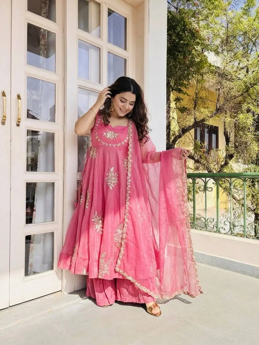 Designer Fendy Silk Gown Sharara Set for Festive and Wedding Wear