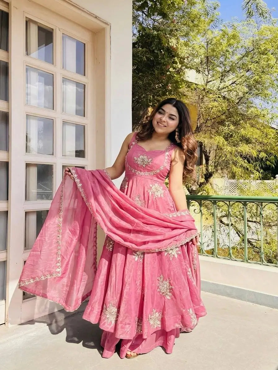 Designer Fendy Silk Gown Sharara Set for Festive and Wedding Wear