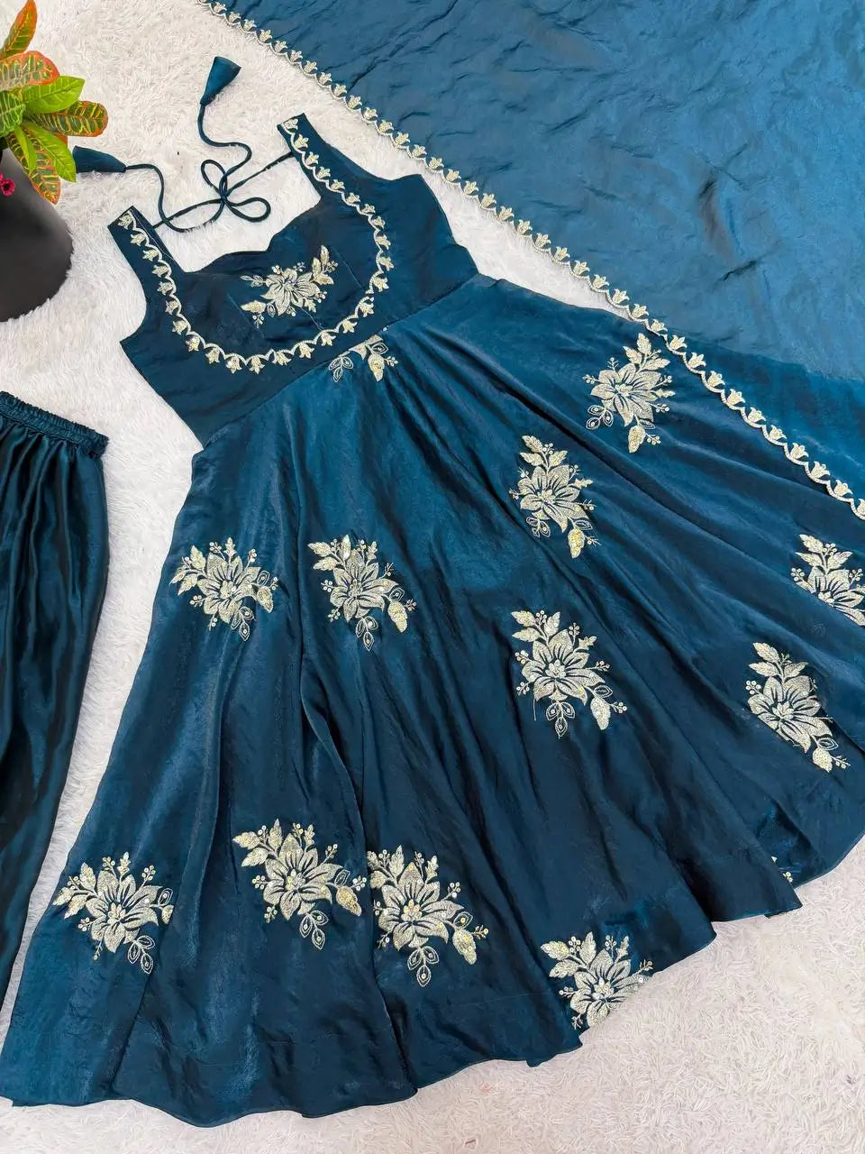 Designer Fendy Silk Gown Sharara Set for Festive and Wedding Wear