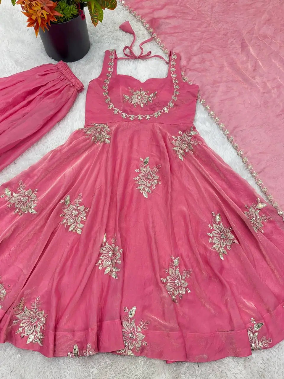 Designer Fendy Silk Gown Sharara Set for Festive and Wedding Wear