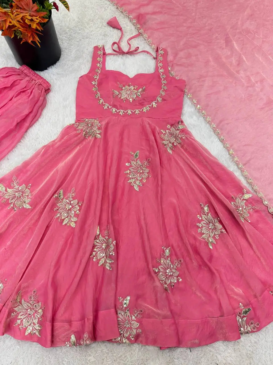 Designer Fendy Silk Gown Sharara Set for Festive and Wedding Wear