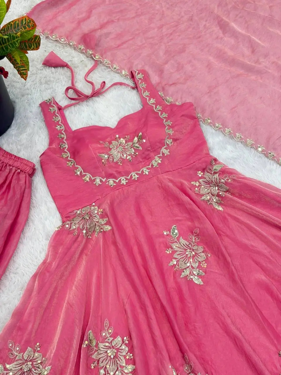 Designer Fendy Silk Gown Sharara Set for Festive and Wedding Wear