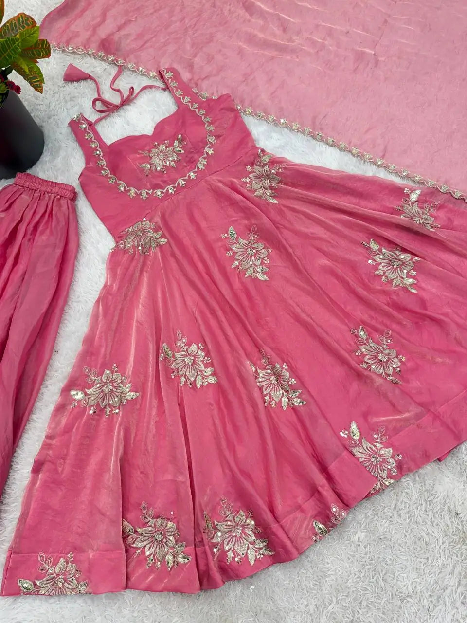 Designer Fendy Silk Gown Sharara Set for Festive and Wedding Wear