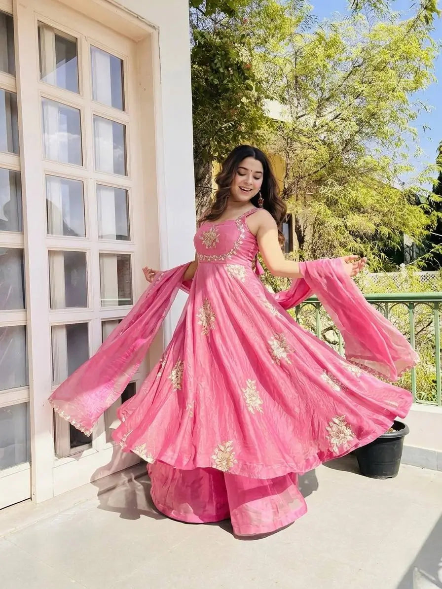 Designer Fendy Silk Gown Sharara Set for Festive and Wedding Wear