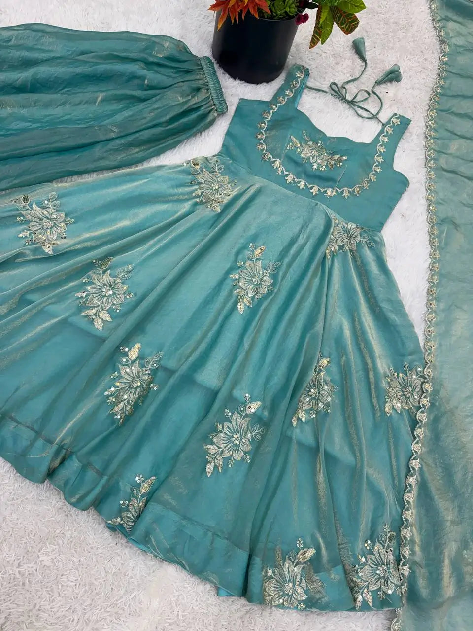 Designer Fendy Silk Gown Sharara Set for Festive and Wedding Wear