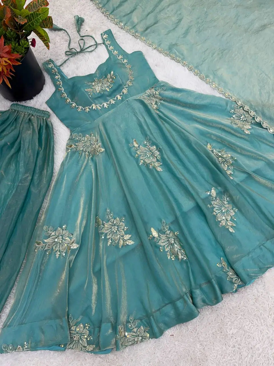 Designer Fendy Silk Gown Sharara Set for Festive and Wedding Wear