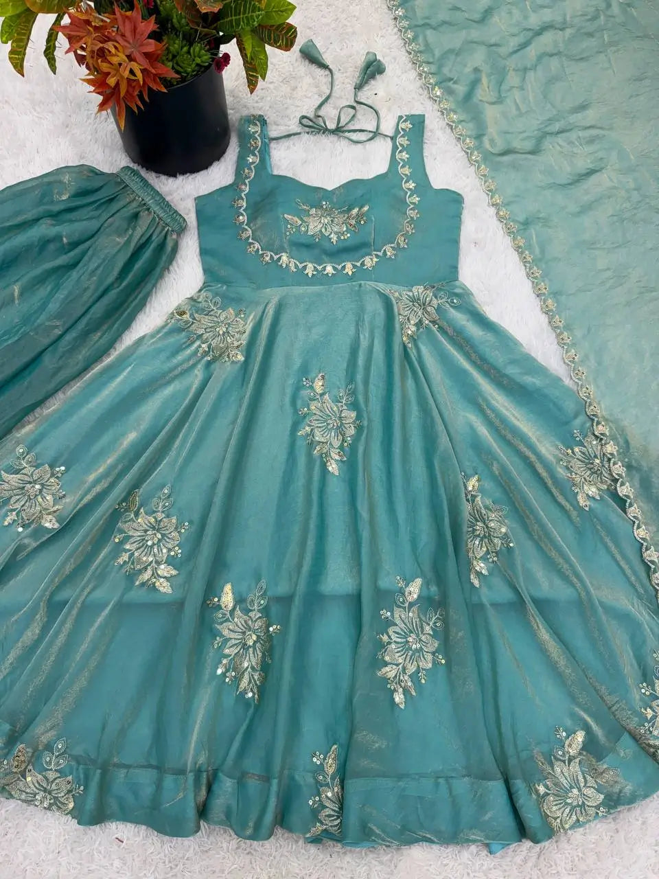Designer Fendy Silk Gown Sharara Set for Festive and Wedding Wear