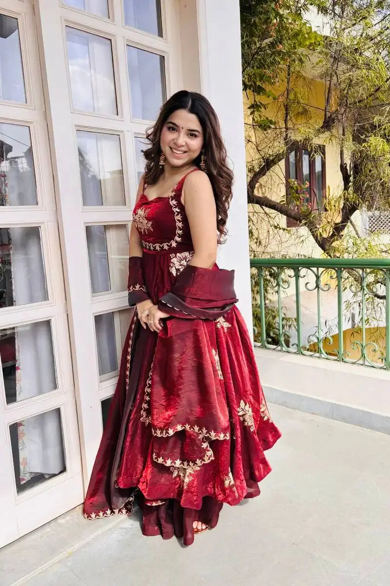 Designer Fendy Silk Gown Sharara Set for Festive and Wedding Wear