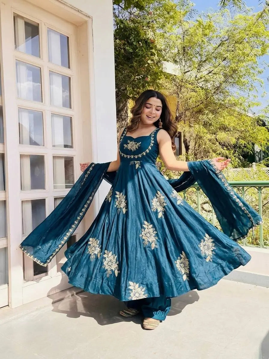 Designer Fendy Silk Gown Sharara Set for Festive and Wedding Wear