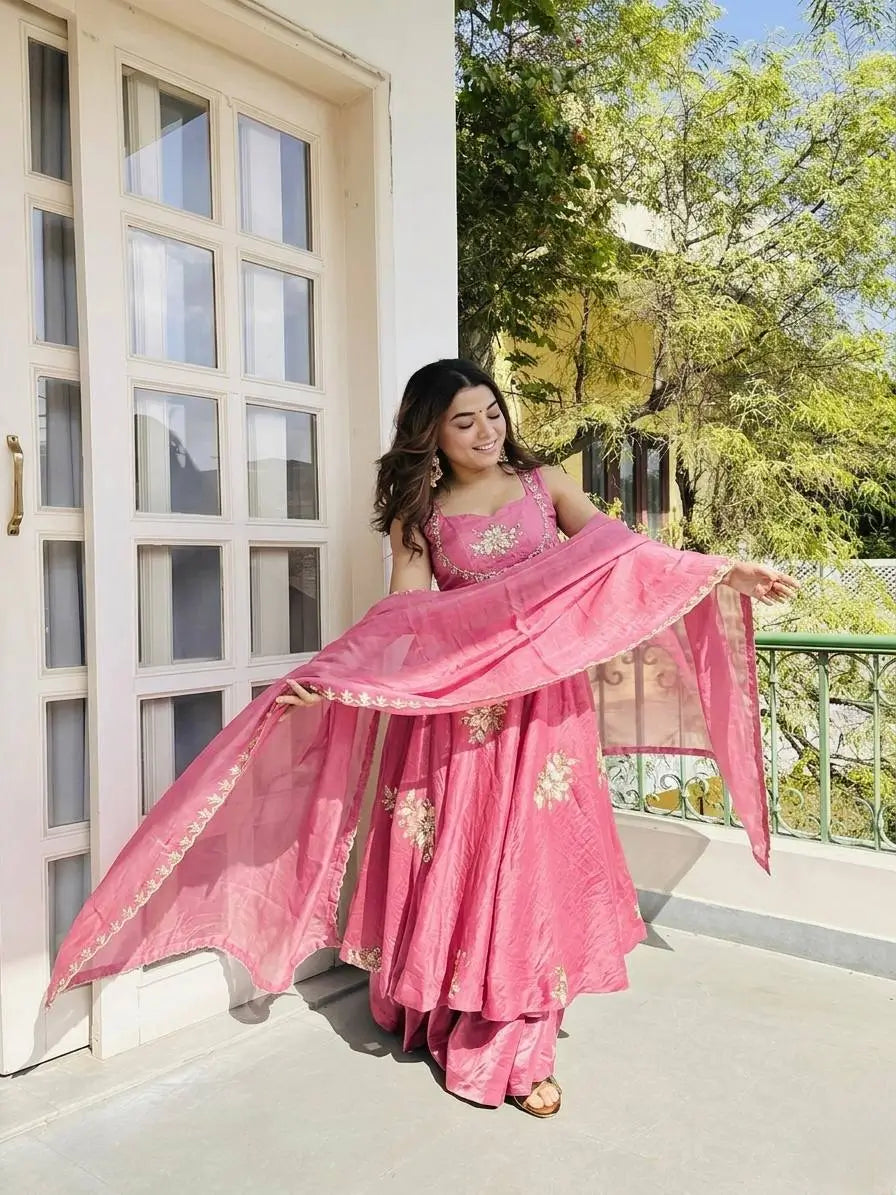 Designer Fendy Silk Gown Sharara Set for Festive and Wedding Wear