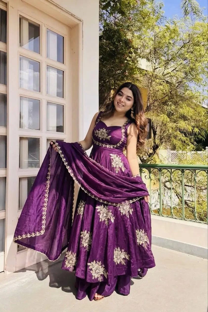 Designer Fendy Silk Gown Sharara Set for Festive and Wedding Wear