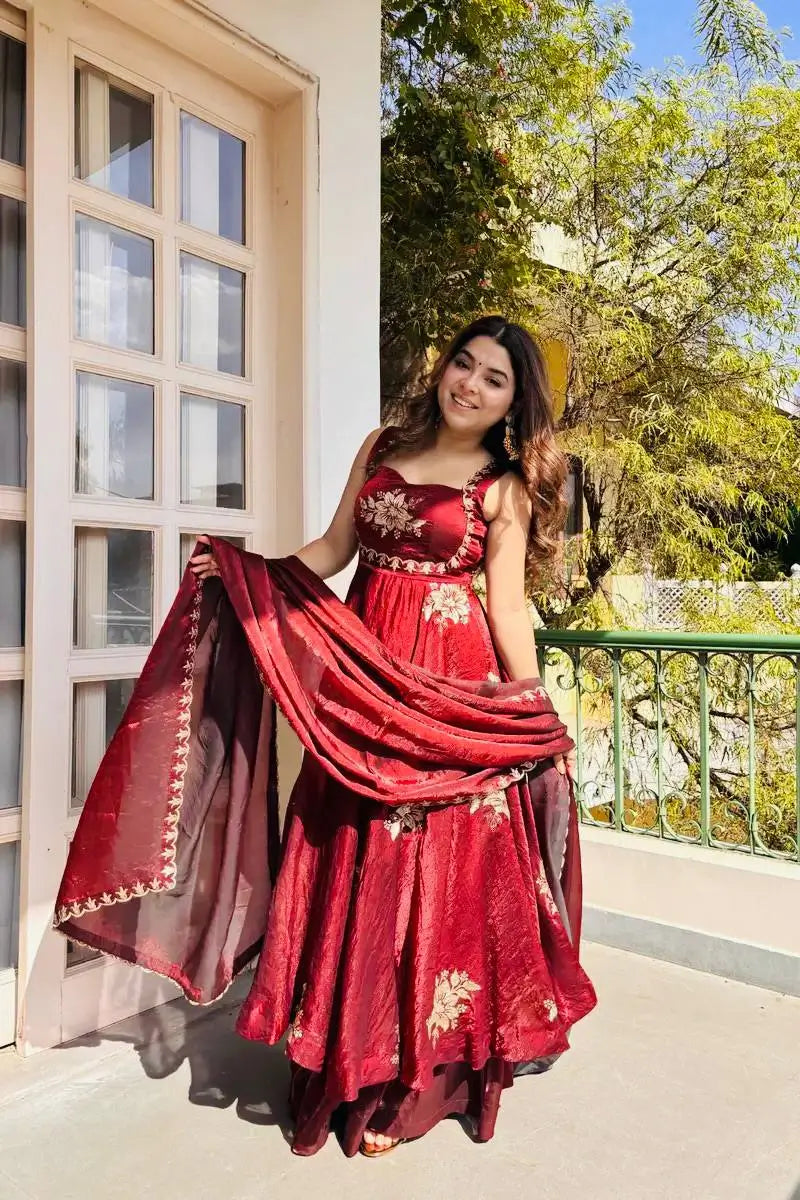 Designer Fendy Silk Gown Sharara Set for Festive and Wedding Wear