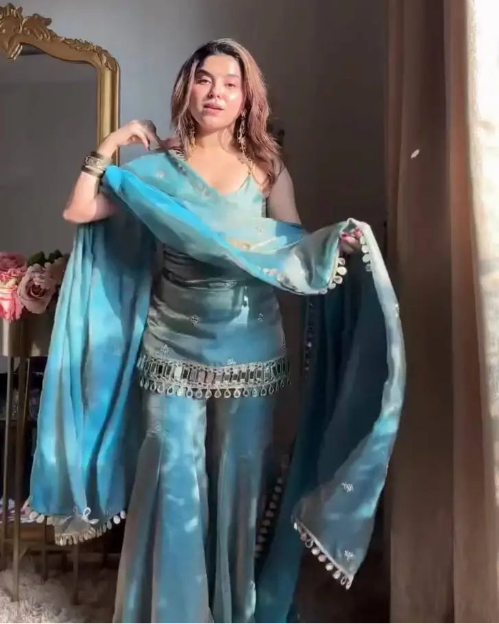 Designer Fendy Silk Mirror Work Sharara Set for Festive and Party Wear